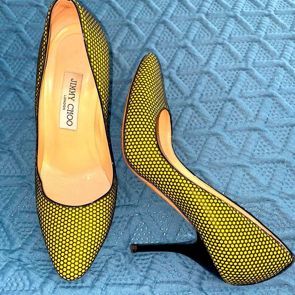 Fishnet yellow black textured Jimmy Choo pumps heels